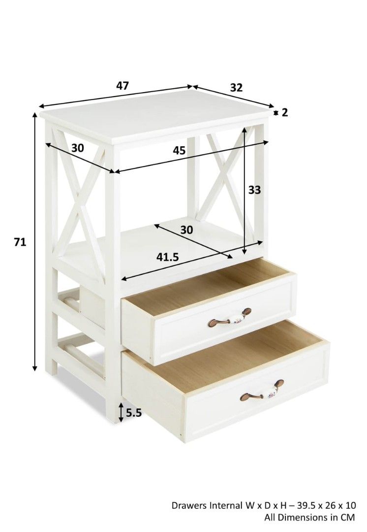Bedside Table (Category: Shelves, Cabinets & Racks) located in Singapore. Submitted by jttcxm (Listing ID 1350546352, Image 3). Description: one for $50 two for $80 Material Hand-painted Solid Paulownia Wood. Non -Soft closing drawers. Polypropylene & plated steel door handle. Dimensions Height: 71cm Width: 47cm Depth: 32cm.