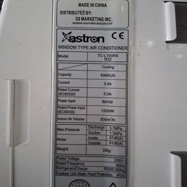Astron Aircon Window Type TC- (Category: Air Conditioning and Heating) located in Paranaque City. Submitted by ivy69425 (Listing ID 1350609926, Image 2). Description: Brand: Astron Model: TC-L100RE Voltage: 220v Capacity: 9360Kj/h Current: 3.9A Rated Current 5.0A Power Input: 881w Rated Power Input: 1200w Dimension: L 46.8 x W 39.7 x H 33.3 cm Cooling Area: 18 to 22 sq. m.