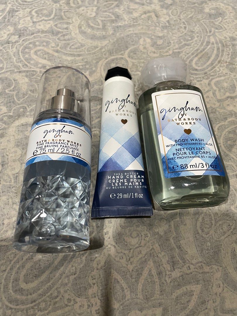 Bath&Body Works Gingham Travel Size Set (Category: Body Care) located in Cebu City. Submitted by jadethrifthub (Listing ID 1350663617, Image 1). Description: 🛒 Bath&Body Works Gingham Travel Size Set 🏷️ Php900 💙 75ml fine fragrance mist 💙 88ml body wash 💙 29ml hand cream 💙 guaranteed authentic, personally store-bought RFS: Excess pasalubong 💰 Payment: Gcash, bank transfer, no COD/COP 📦 Delivery within Metro Cebu via Maxim, delivery fee on