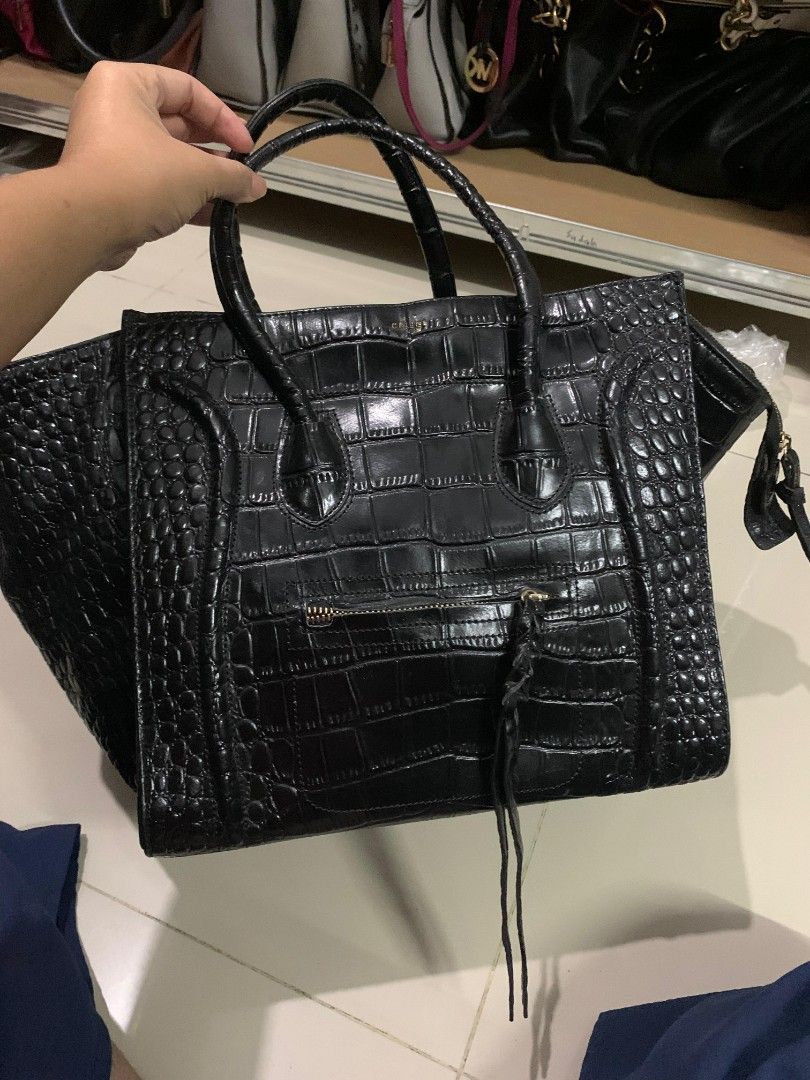 Celine Phantom Luggage Black Croco Embossed Leather Tote Bag, Barang ...