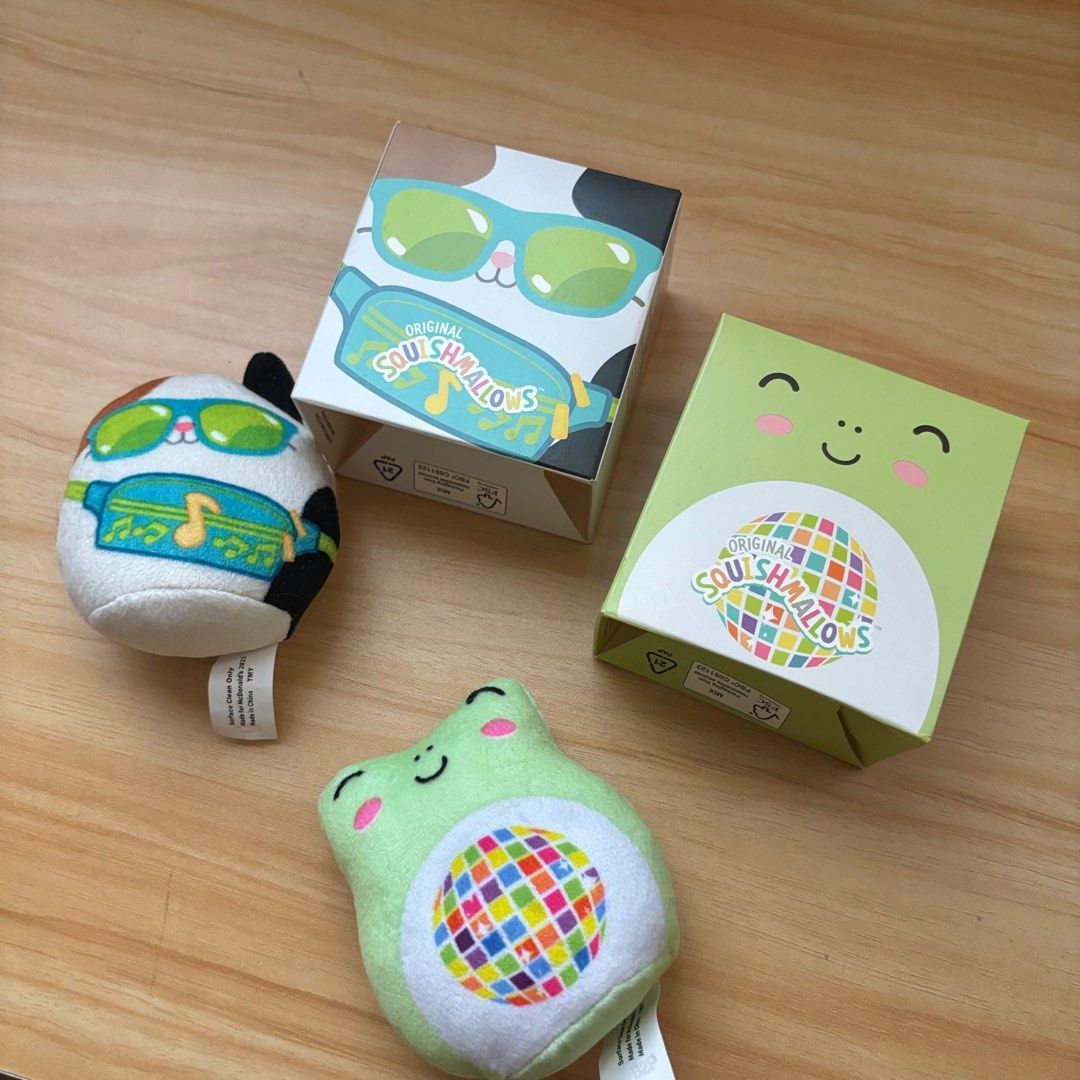 Mcdo x Squishmallow cat and frog plushie (Category: Plushies & Soft Toys) located in Pateros City. Submitted by nextstaple (Listing ID 1350681816, Image 2). Description: with box 100 each ❌ cat sold.