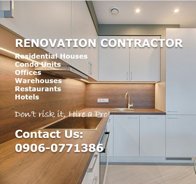 RENOVATION PAINTING TILES CARPENTRY (Category: Construction & Building Materials) located in Manila. Submitted by engrjoe (Listing ID 1350674022, Image 1). Description: RENOVATION CONTRACTOR: Residential homes Condo units Offices Warehouse Restaurants Hotels SERVICES: Tile setting Painting Waterproofing Ceiling and drywall Aluminum cladding Carpentry Electrical CCTV Plumbing CONTACT US: 0906-0771386.