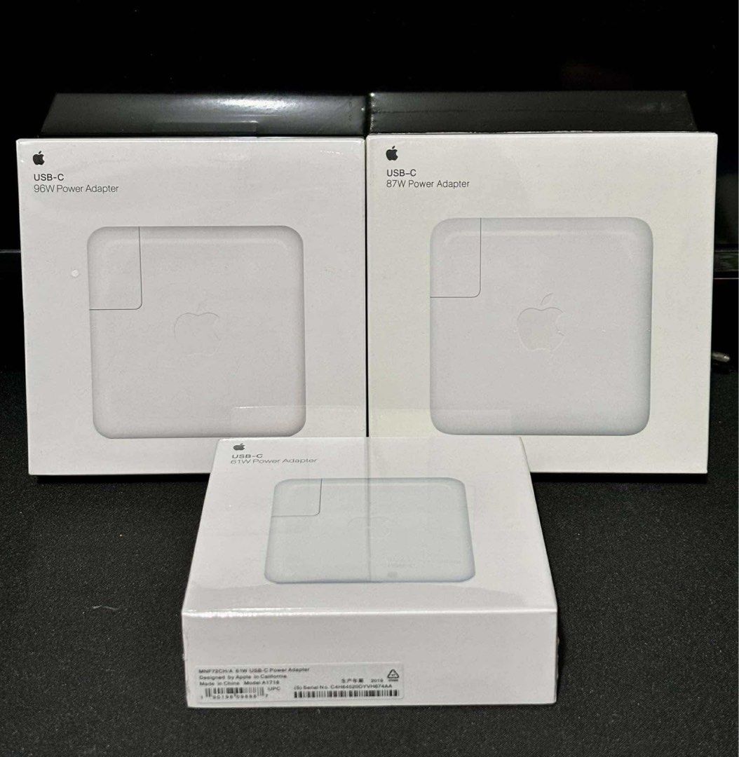96w 87w 61w USB-C POWER ADAPTER for MACBOOK (Category: Chargers) located in Makati City. Submitted by jc.cuerdo (Listing ID 1352310653, Image 1). Description: ▪️96W USB-C POWER ADAPTER CHARGER ▪️87W USB-C POWER ADAPTER CHARGER ▪️61W USB-C POWER ADAPTER CHARGER Product Interface: TYPE-C 61W USB-C Power Adapter Input: 100-240V 50-60Hz Output: 61watts 20.3V 3A Compatible with: Pro (13-inch, 2017, Four Thunderbolt 3 Ports) Pro (13-inch, 2017, Two Thu