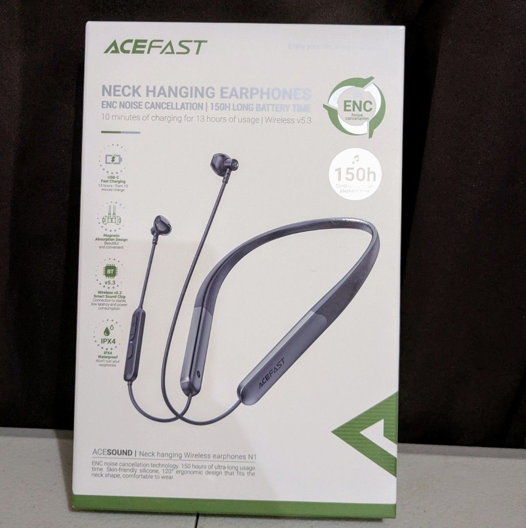 Acefast Acesound N1 Neck Hanging BT Earphone - Black (Category: Earphones) located in Manila. Submitted by ponica.ph (Listing ID 1352331021, Image 1). Description: ✅ Brand New & Sealed Description: ENC noise reduction, high-quality calls, without interference. Bluetooth v5.3. Ergonomic magnetic design. USB-C fast charging. 13 hours - from 10-minute charge. 150 hours of music and 600 hours of standby. IPX4 waterproof. Frequency response: 40Hz-2000