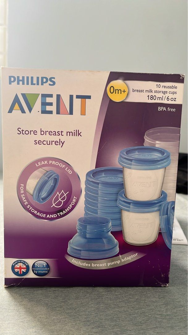 Avent Brand New Leak Proof Milk Storage (Category: Breastfeeding & Bottle Feeding) located in Las Pinas. Submitted by modernmomph (Listing ID 1352169525, Image 2). Description: Avent breast milk storage 180ml/6oz 10 reusable cups. Leak proof includes breast pump adaptor. Never been used. Bought at SM baby company. Location: Las Pinas.