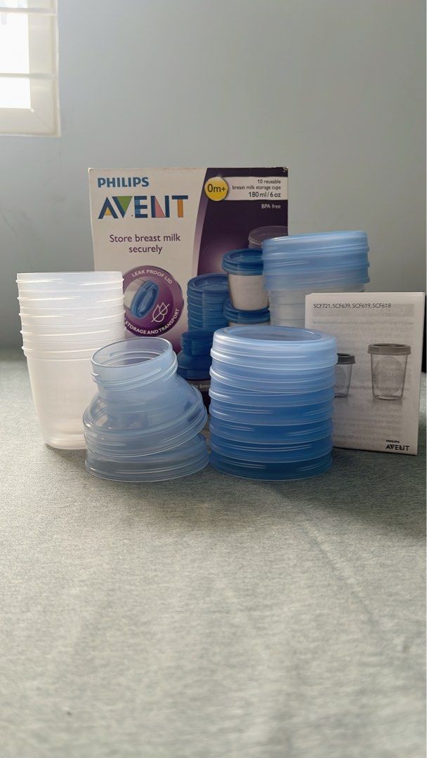 Avent Brand New Leak Proof Milk Storage (Category: Breastfeeding & Bottle Feeding) located in Las Pinas. Submitted by modernmomph (Listing ID 1352169525, Image 3). Description: Avent breast milk storage 180ml/6oz 10 reusable cups. Leak proof includes breast pump adaptor. Never been used. Bought at SM baby company. Location: Las Pinas.