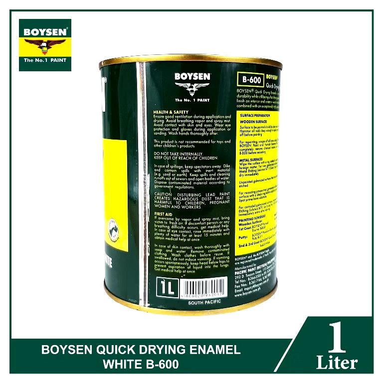 Boysen Quick Drying Enamel Paint 1 Liter White B600 (Category: Other Home Decor) located in Cavite. Submitted by kitanawins (Listing ID 1352291722, Image 3). Description: For Sure Buyers only Actual Photos Posted Same Day delivery via Lalamove or Grab around Metro Manila and Calabarzon area, and any Available Couriers Nationwide. Boysen Quick Drying Enamel Paint 1 Liter White B600 BOYSEN® Quick Drying Enamel is an alkyd type paint that provides g