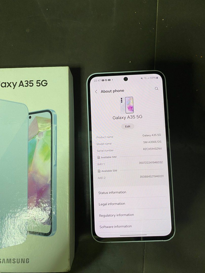 Samsung A35 5G (Category: Samsung) located in Angeles City. Submitted by marvinjbm110069 (Listing ID 1352298990, Image 2). Description: 💯No issue Works perfectly fine Complete with box May dents lng sa corner but doesn’t affect the performance. Rfs. Extra phone.