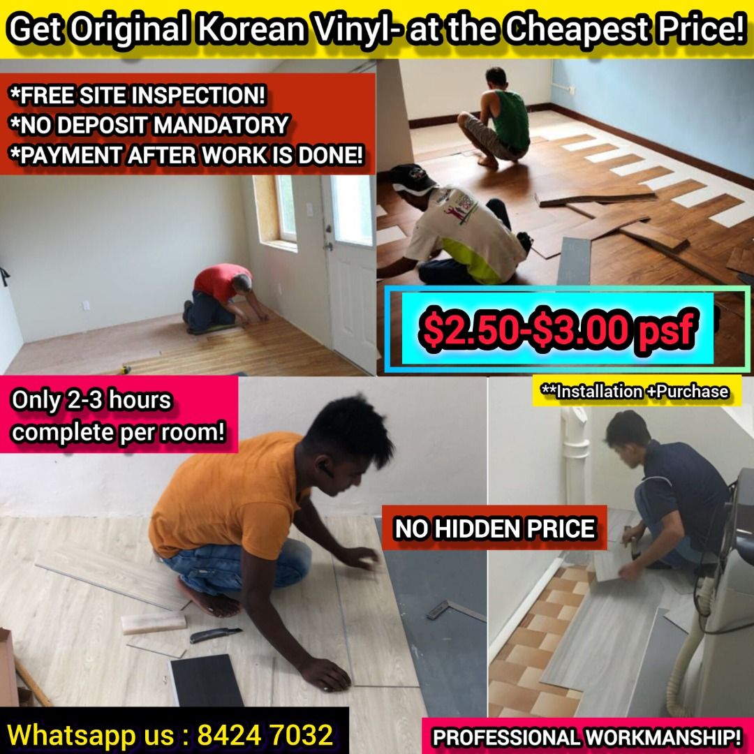 2.50 psf on korean vinyl, 4.50 mm thickness and 1 year guarantee, wsp us today for the appointment62863094443138119