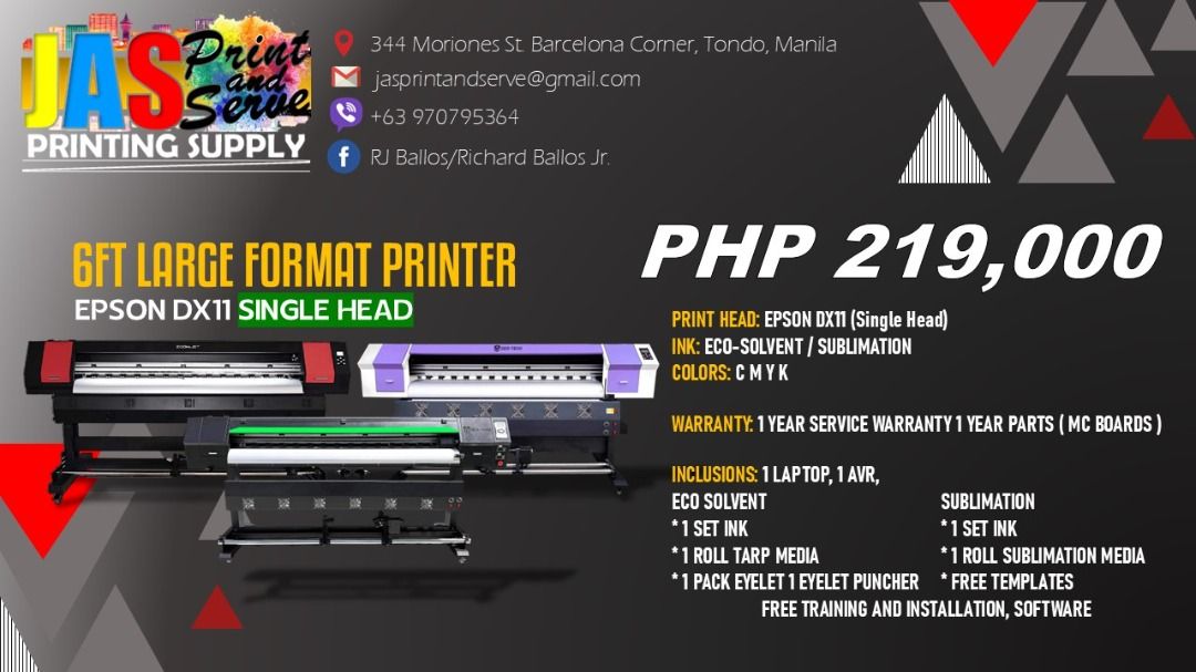 6ft Epson DX11 Single Head Tarpaulin Printer (Category: Printers, Scanners & Copiers) located in Manila. Submitted by rjballos (Listing ID 1352384274, Image 3). Description: Want to start your own printing business but you’re on a budget? May it be for shirt printing, sublimation, tarpaulin, stickers or more. We got you! Start your printing business with the best quality and most affordable printer machines in the market. We offer: ☑️ Epson DX11 