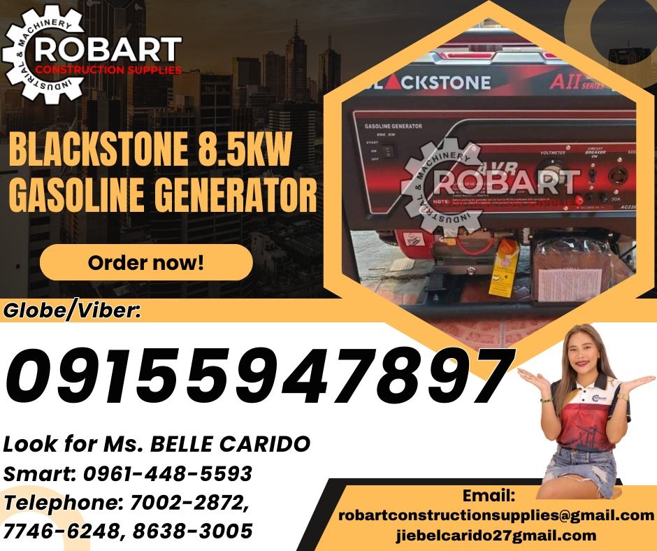 Blackstone 8.5Kw Gasoline Generator (Category: Looking For) located in Manila. Submitted by bellarobart (Listing ID 1352351144, Image 1). Description: Blackstone 8.5Kw Gasoline Generator Model: BS-10800D 𝓛𝓞𝓞𝓚 𝓕𝓞𝓡 𝓑𝓔𝓛𝓛𝓔 🔵 100% Trusted Supplier 🔵 Competitive Price 🔵 𝑾𝒆 𝒂𝒓𝒆 𝑫𝑻𝑰 𝑹𝒆𝒈𝒊𝒔𝒕𝒆𝒓𝒆𝒅 & 𝑩𝑰𝑹 𝐀𝐂𝐂𝐑𝐄𝐃𝐈𝐓𝐄𝐃 Products: 🎯 Machinery 🎯 Electrical 🎯 PPE ( Personal Protective Equipment ) 🎯 Valves & Fittings �