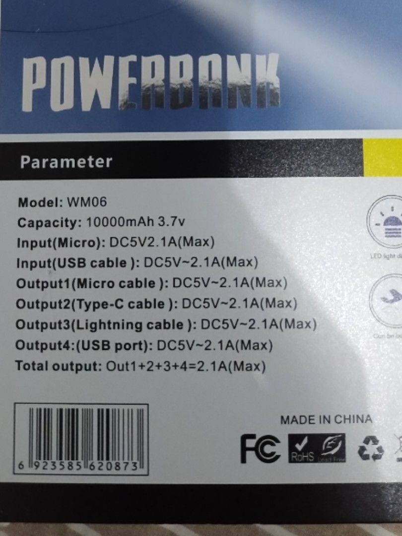 Wingman powerbank 10000 mah (Category: Batteries & Power Banks) located in Makati City. Submitted by chamarket.2022 (Listing ID 1352444489, Image 3). Description: 10000 mah powerbank with built-in cables for iphone and androids. refer to picture for complete specs..