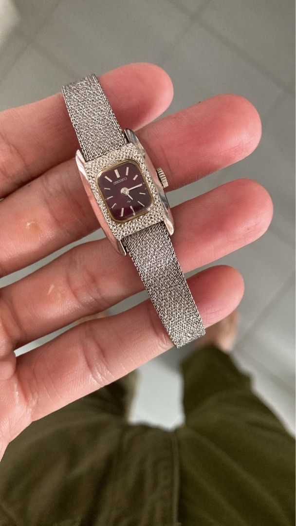 1974 Rare vintage Seiko ladies dress watch ruby dial (Category: Women's Watches) located in Singapore. Submitted by thycollector (Listing ID 1352576287, Image 1). Description: Case size 16x25mm Manual wind movement running good Bracelet can fit up to 16cm wrist so need to cut to shorten if needed..