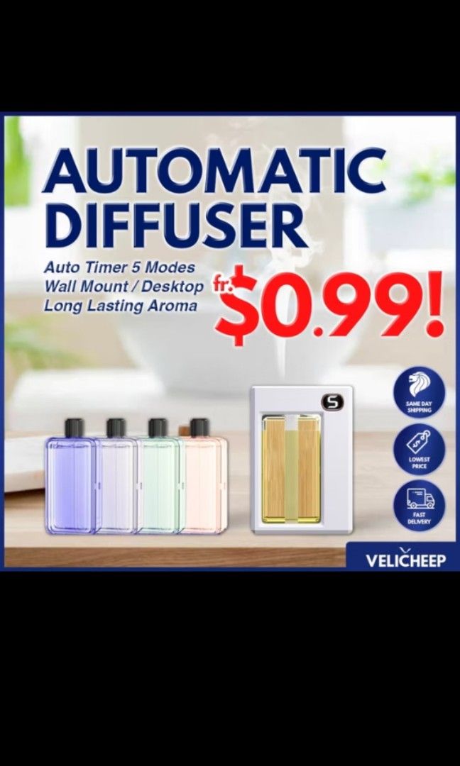 Automatic Diffuser (Category: Home Fragrance) located in Singapore. Submitted by dyahnorlan (Listing ID 1352567533, Image 1). Description: Velicheep Brand Auto timer 5 modes 19 types of fragrance to choose from. Promotion price ongoing. Dm for more info.