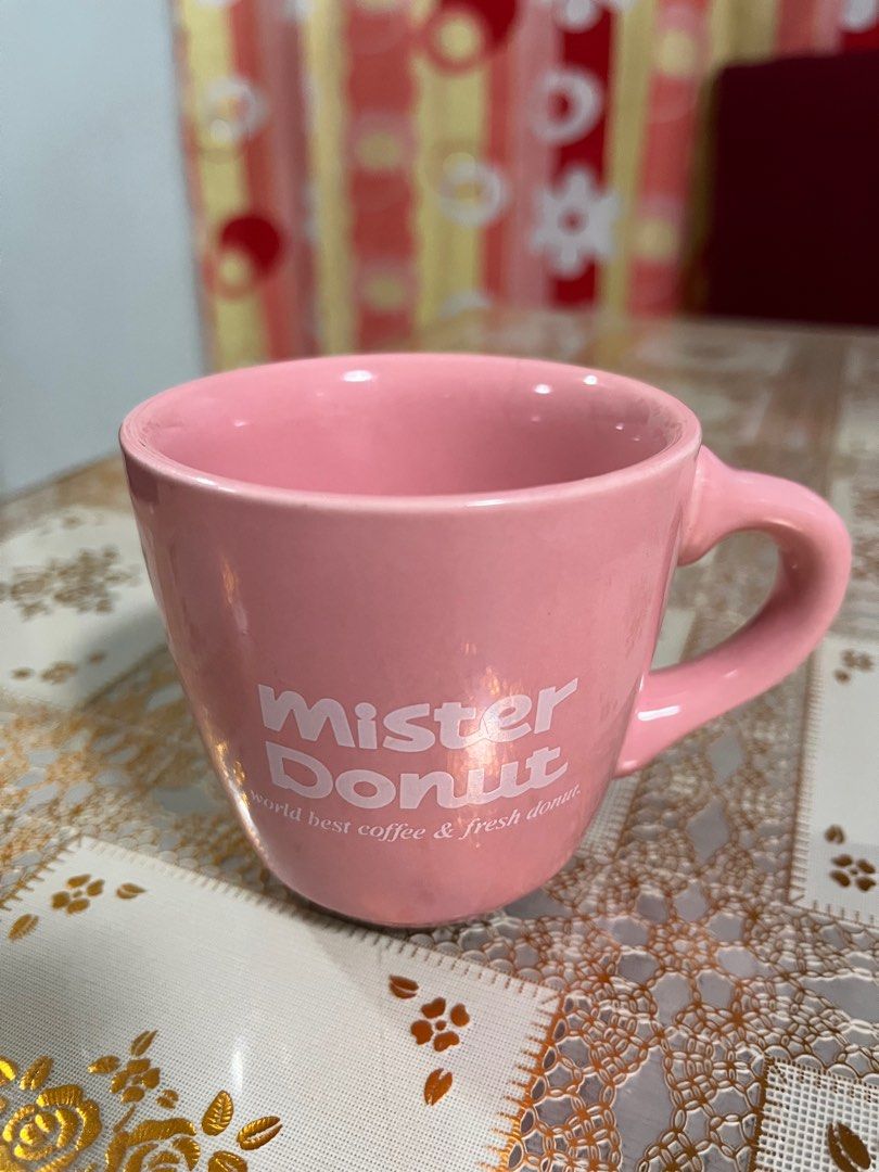 Pink Mister Donut Mug (Category: Coffee & Tea Tableware) located in Malabon City. Submitted by twinklevir (Listing ID 1352648753, Image 1). Description: This mug is so thick and a bit heavy. Mister Donut Showa Retro Mug. See last picture for price reference..
