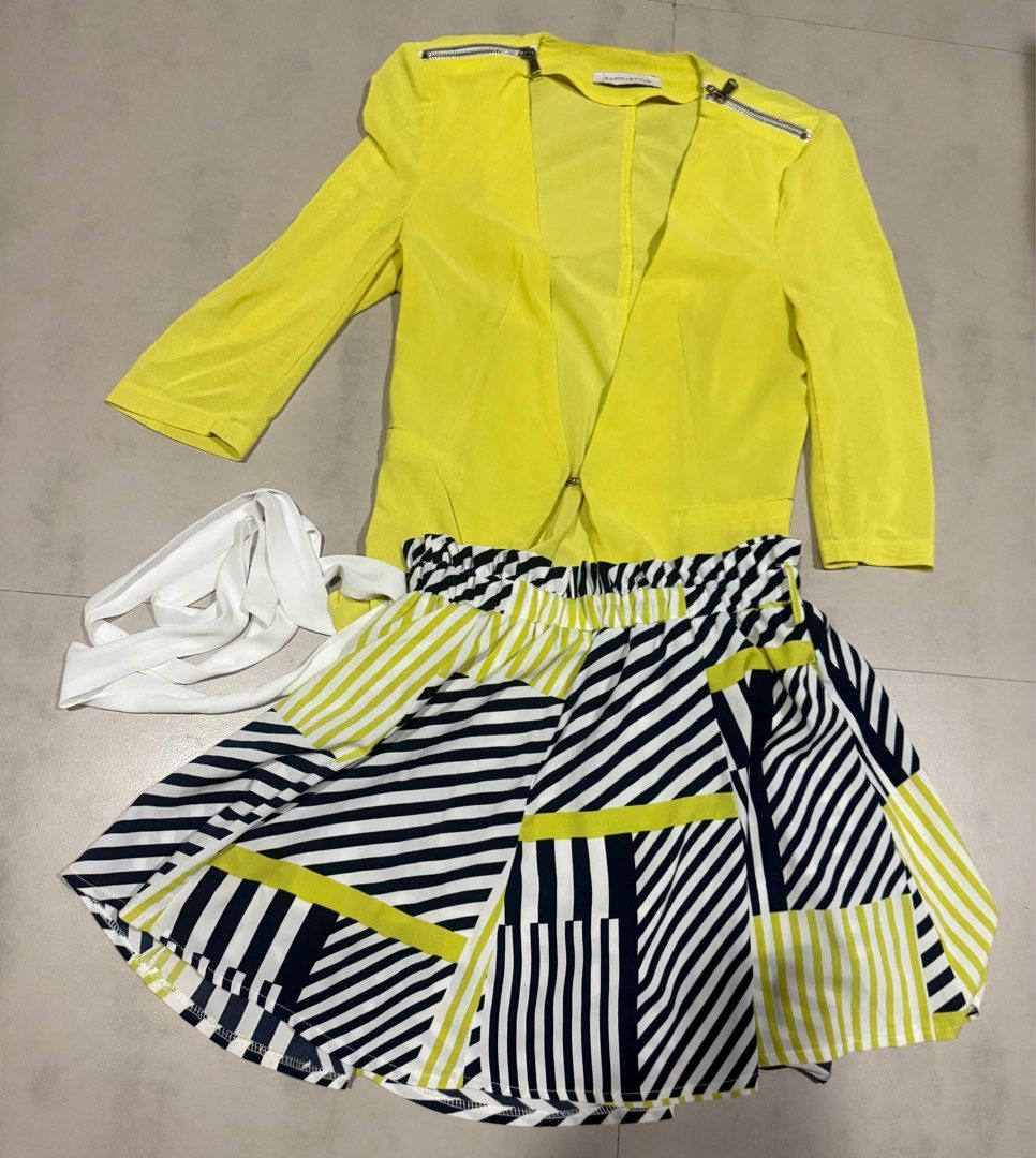 Yellow Blazer and Abstract Stripes Skirt Bundle (Category: Sets or Coordinates) located in Makati City. Submitted by janille (Listing ID 1352520688, Image 1). Description: Almost Brand New perfect ensemble for corporate office wear, evening parties.
