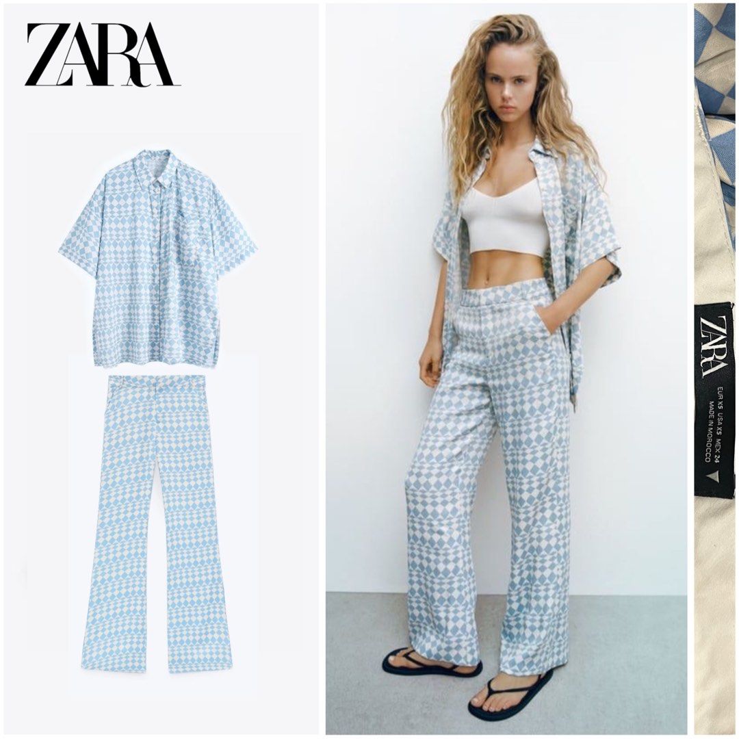 ZARA Blue Silk Satin Printed Coordinates (Category: Sets or Coordinates) located in Pasig City. Submitted by dezleemarquez (Listing ID 1352610667, Image 1). Description: ZARA Blue Silk Satin Printed Coordinates •signs of usage.