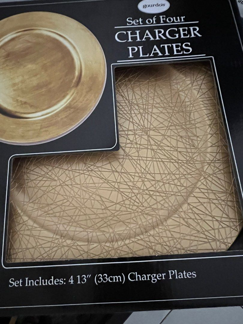 Gourdos Charger Plates (Category: Other Kitchenware & Tableware) located in Quezon City. Submitted by TNDHN (Listing ID 1352720871, Image 2). Description: Brand new Unused Rfs: extra Actual photos posted Pickup Banawe QC Grab/ lalamove booked and paid by buyer Gcash payment Cash ok IF ikaw yun magpickup and not rider No lbc No jrs No meet ups No jnt Gogo pwede but you will book and pay .