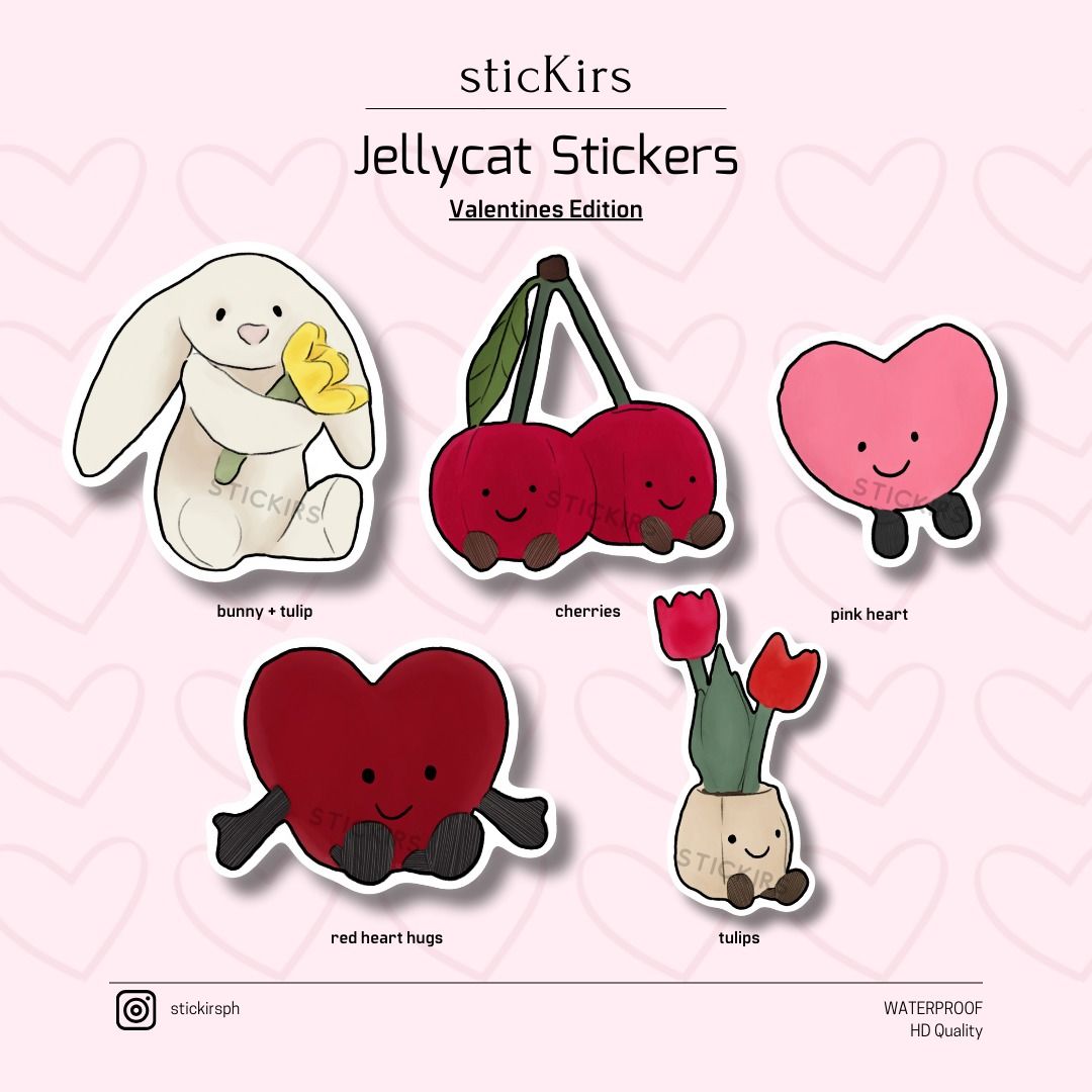 Jellycat Vinyl Stickers (Category: Art & Prints) located in Las Pinas. Submitted by stickirsph (Listing ID 1352808238, Image 3). Description: Jellycat Vinyl Stickers each = Php 25 Jellycat Sticker Sheet = Php 100 VALENTINES EDITION: Jellycat Vinyl Stickers each = Php 30 Jellycat Sticker Sheet = Php 120 - water resistant - scratchproof - HD quality - Tumber, laptops, journals, scrapbook, creative projects, etc. follow us on Instagram for more! @st