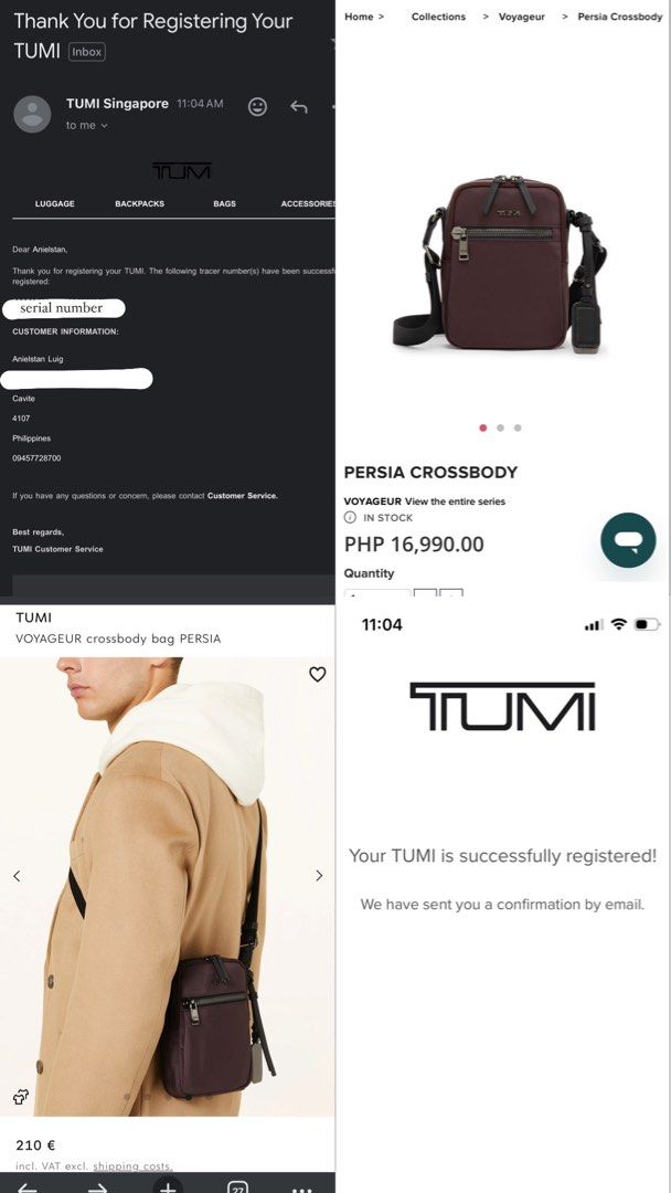 Tumi Persia Crossbody bag (Category: Sling Bags) located in General Trias. Submitted by anielstan (Listing ID 1352746765, Image 2). Description: Tumi Persia Crossbody bag SRP: 16,990 Selling price: 5,500 (GUARANTEED AUTHENTIC) Item was officially registered in tumi tracer. Flaws: slight discoloration in zipper tabs and no monogrammable detachable leather charm Compact yet functional, this sleek vertical crossbody will never slow you down. Stow yo