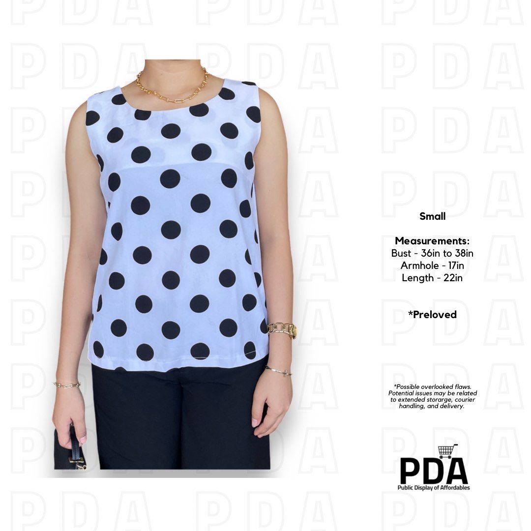 White Sleeveless Black Polka Dot Blouse Top (Category: Sleeveless) located in Koronadal. Submitted by pdaffordables (Listing ID 1352846398, Image 2). Description: Size: Small Measurements: Bust - 36in to 38in Armhole - 17in Length - 22in Shape: Sleeveless, Polka Dot, Classic Blouse Color: White with Black Polka Dots (❗️Manage expectation as color may vary depending on exposure to light.) Material: - Washing Guide: Can be washed in machine, Hot or