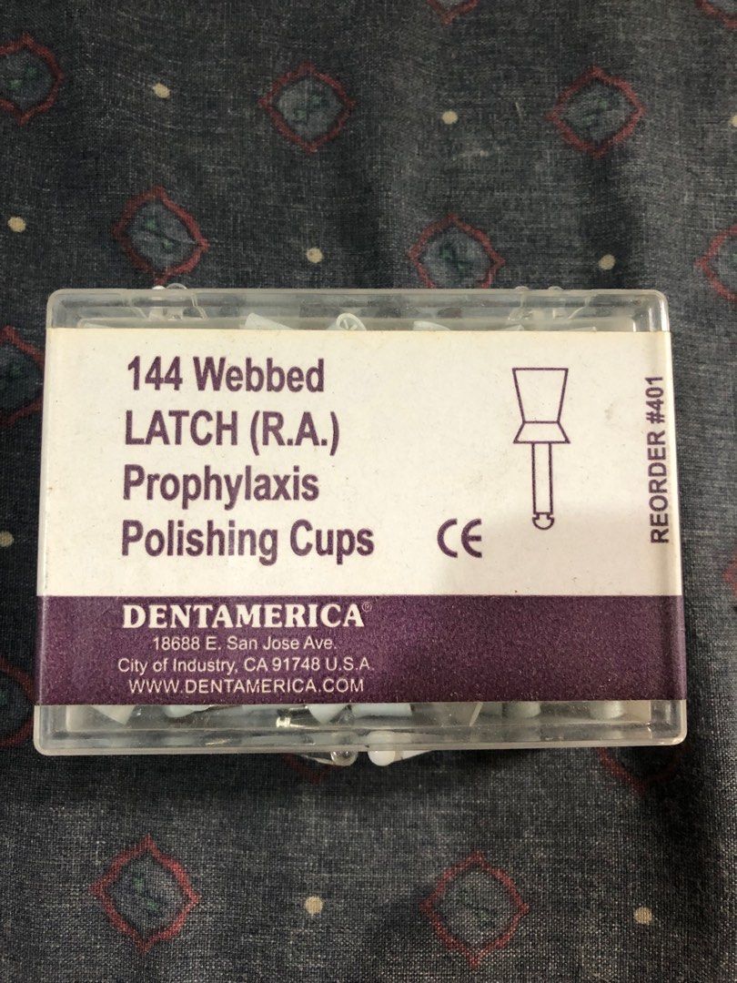 144 Webbed Latch (R.A.) Prophylaxis Polishing Cups (Category: Medical Supplies & Tools) located in Paranaque City. Submitted by caezars.store (Listing ID 1352966390, Image 1). Description: 4pcs Available.