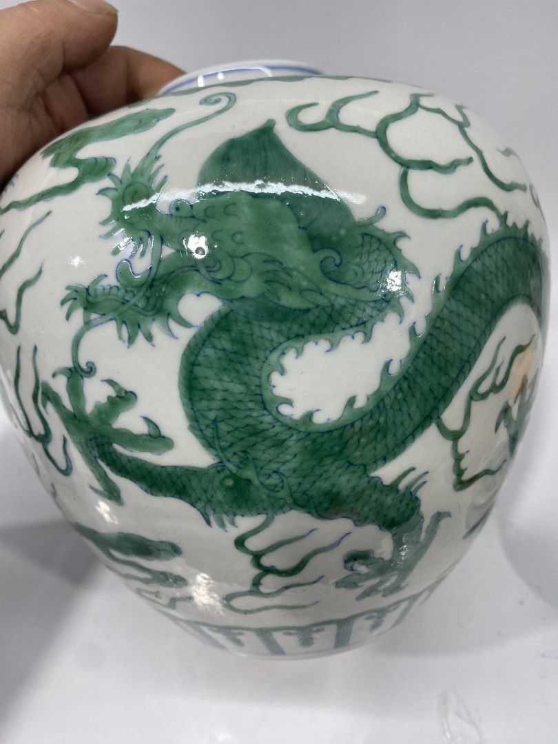 清・道光年製・古陶瓷品・官窯・綠彩・龍紋・蓋罐』極細