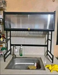 Kitchen Dish Rack Storage Cabinet above Kitchen Sink Drying Rack with Dustproof Door for Dish & Plate Storage Stainless Rack 65cm