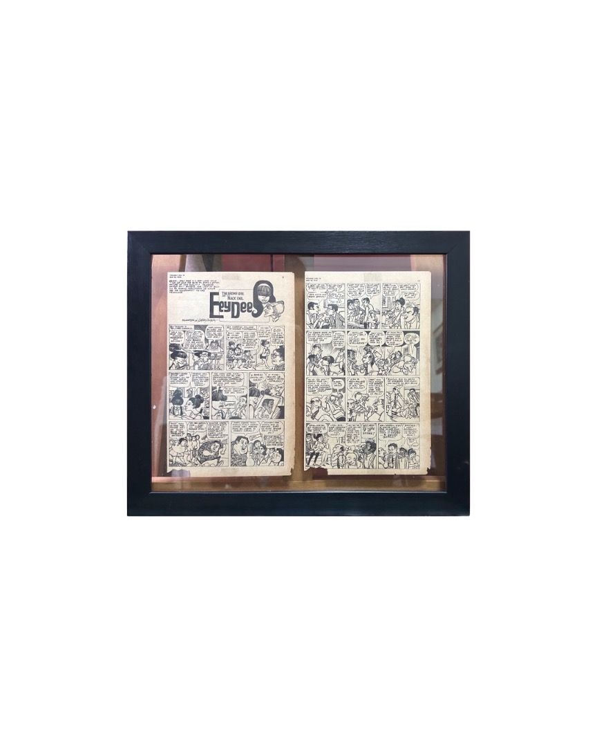 Larry Alcala framed comic print (Category: Art & Prints) located in Quezon City. Submitted by jownimvr (Listing ID 1352904205, Image 1). Description: EeyDee comic strip by Larry Alcala (1970) Framed pages from a comic (part of a magazine/book) by the National Artist, Larry Alcala. Wood frame with transparent glass cover/matting, pages have rips at the bottom and yellowed from old age. 41cm x 47cm.