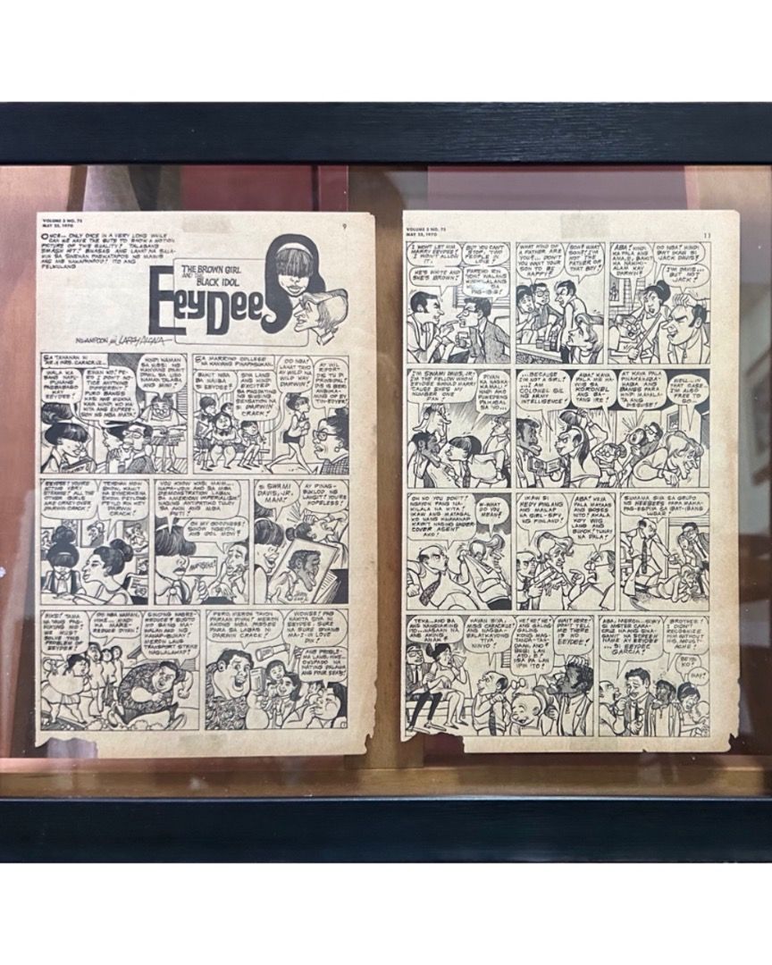 Larry Alcala framed comic print (Category: Art & Prints) located in Quezon City. Submitted by jownimvr (Listing ID 1352904205, Image 2). Description: EeyDee comic strip by Larry Alcala (1970) Framed pages from a comic (part of a magazine/book) by the National Artist, Larry Alcala. Wood frame with transparent glass cover/matting, pages have rips at the bottom and yellowed from old age. 41cm x 47cm.