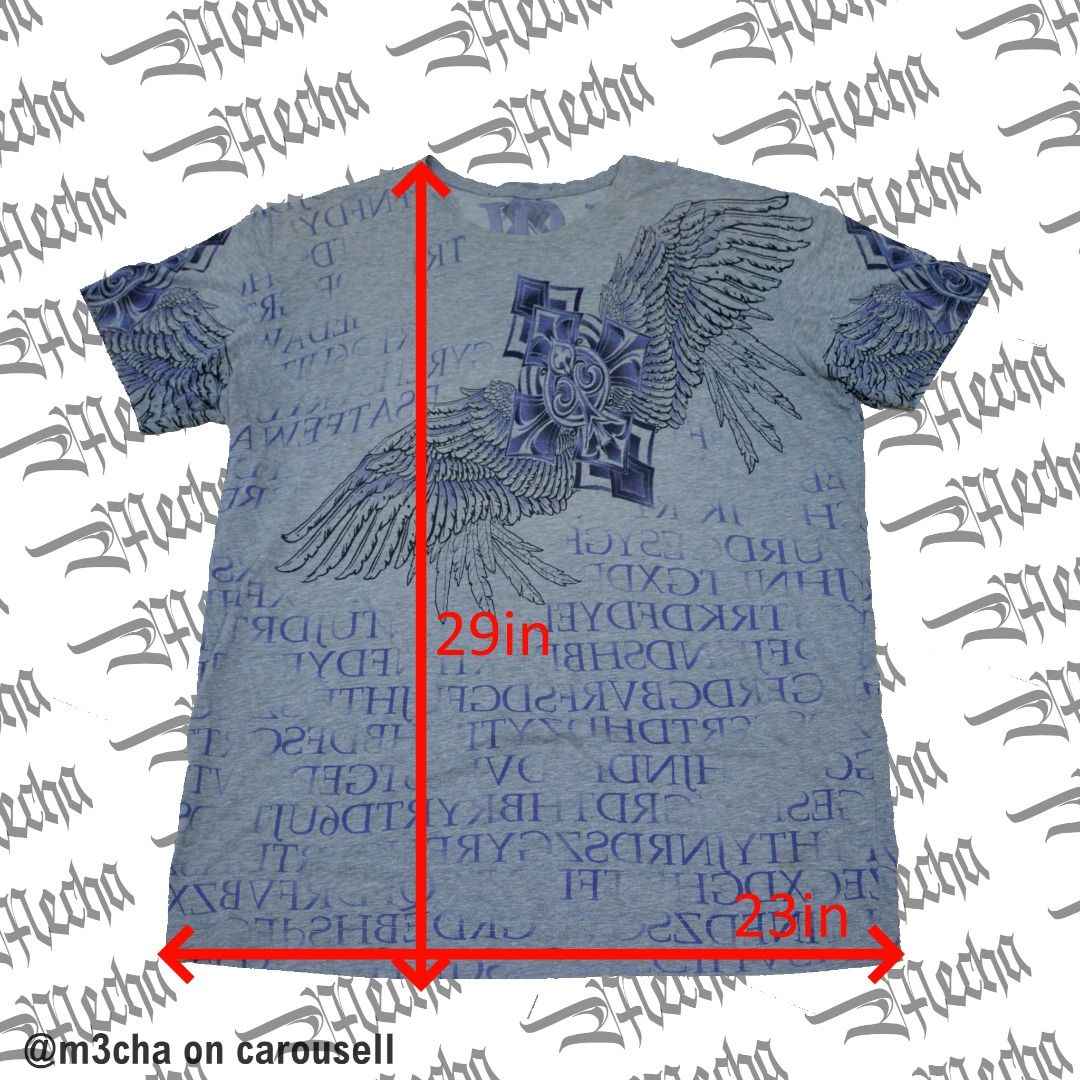 Light Grey Affliction Vibe AOP Winged Cross Spellout On Back (Category: Tshirts & Polo Shirts ) located in Manila. Submitted by m3cha (Listing ID 1352924432, Image 3). Description: Light Grey Affliction Vibe AOP Winged Cross Spellout On Back ----------------------------------------------------------- SIZING: cut tag unknown spellout on back "nbiolity" affliction vibe? fits L-XXL 23x29 ----------------------------------------------------------- IS