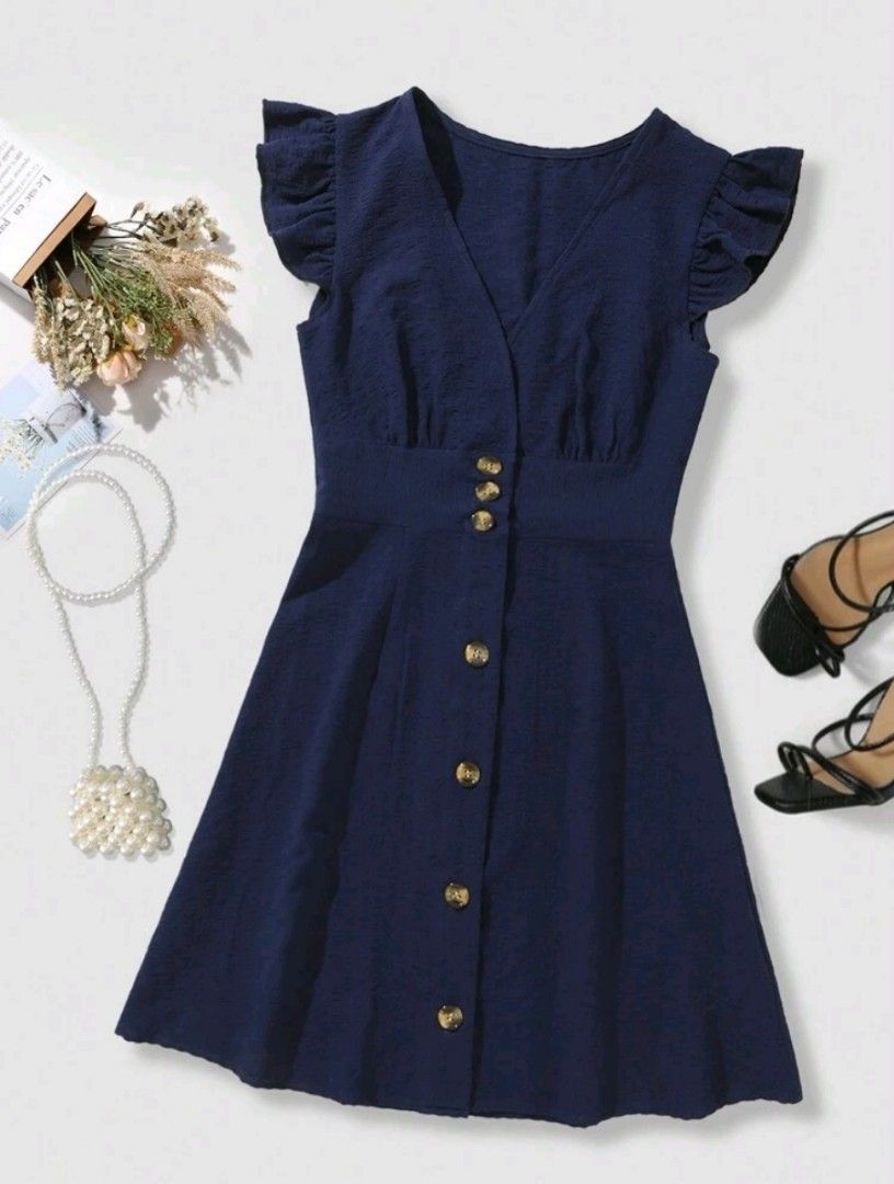 Navy Blue V Neck Buttoned Front Shirred Back Short Sleeve Midi Dress main image 0