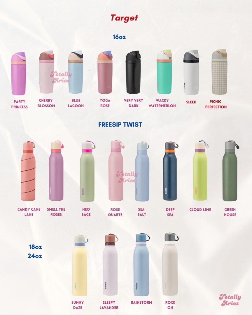 Owala Bottles (Freesip, Freesip Twist, Freesip Sway, Smoothsip Slider) (Category: Water Bottles & Tumblers) located in Manila. Submitted by totallyaries.ph (Listing ID 1352987369, Image 3). Description: OWALA bottles — for pre order 🤍 send us the size & colorway youre looking for & we’ll try to source it for you💋.