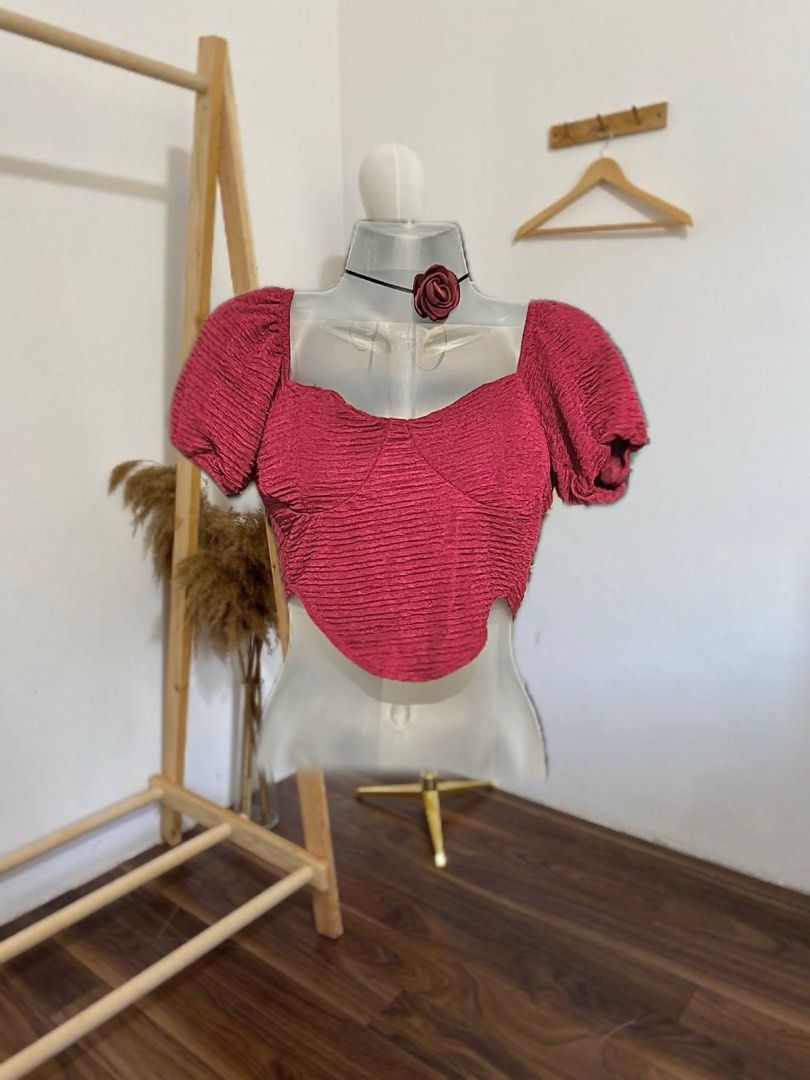 Puff sleeve| Ballroom Style | Maroon Red (Padded) (Category: Blouses) located in Marikina City. Submitted by maidenhavien (Listing ID 1353010139, Image 1). Description: RFS: Ducluttering Sizes XS to M Actual photos^ You may message me for more inquiries. - Used this once for our ballroom dance. - Padded - Gives you a nice shape .