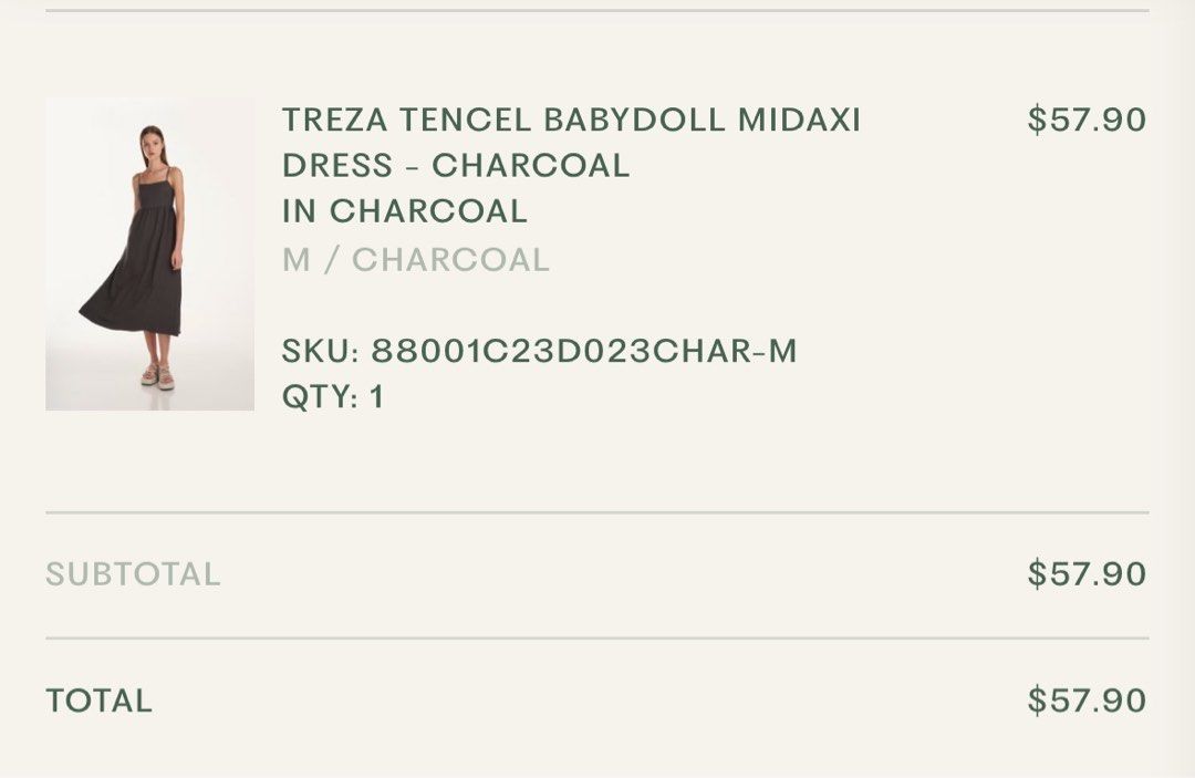 Treza Tencel Babydoll Dress (Category: Dresses) located in Singapore. Submitted by yantaukia (Listing ID 1352928176, Image 3). Description: Treza Tencel Babydoll Dress Charcoal Tagged size M Adjustable straps, back is slightly elasticized Approximate measurements, measured flat, unstretched: -ptp: 17-17.5” - length down: 39” (back, middle), 42” (front, middle) both excluding straps slight discoloration in the front, refer to pics for the details 