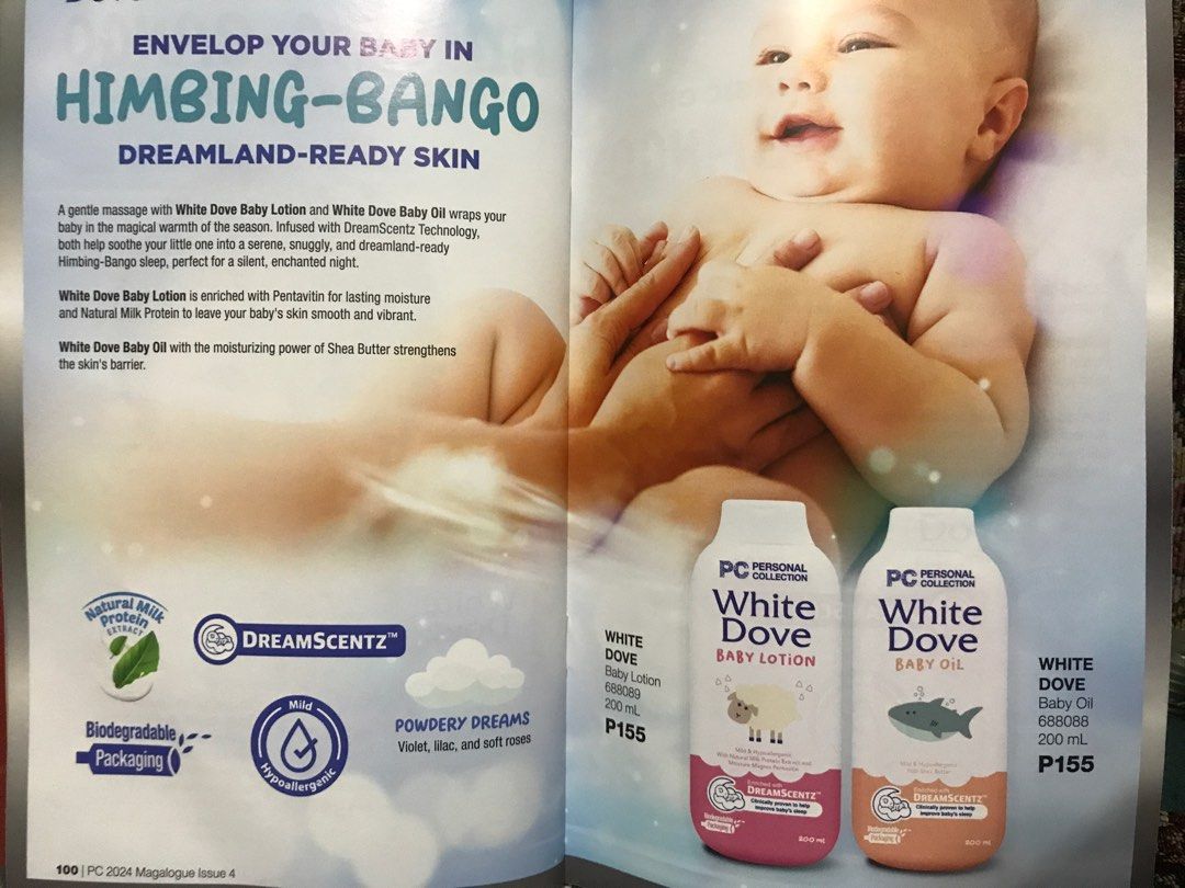 White Dove baby lotion (200ml) (Category: Baby Toiletries & Grooming) located in Kalayaan. Submitted by mvncee (Listing ID 1352976499, Image 2). Description: 💖 enriched with Pentavitin for lasting moisture and natural milk protein 💖 fast-absorbent 💖lightly scented (powdery scent - violet, lilac and soft roses) 💖 mild and hypoallergenic 💖dreamscentz technology - helps soothe baby for a silent, enchanted night.