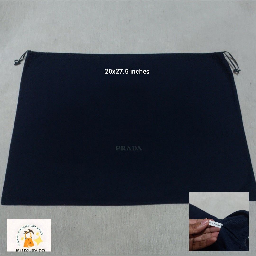 Authentic Prada dust bag 20x27.5 inches (Category: Luxury Bags & Wallets) located in Manila. Submitted by jfluxury.co (Listing ID 1353072216, Image 1). Description: excellent condition no flaws bought in Japan 🇯🇵 💯% Authentic. 😊 Money back guarantee. 😊 Clean and ready to use na.