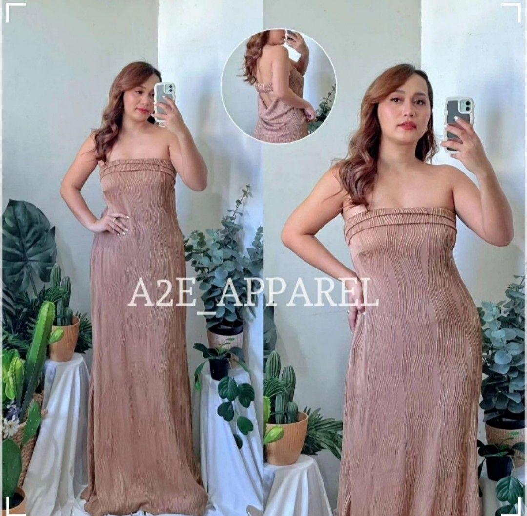 Flowy Tube Beige Long Dress (Category: Dresses) located in Manila. Submitted by animezing (Listing ID 1353069502, Image 3). Description: Used only once at a friend's wedding. - With a unique embossed pattern - Gartered back natural drop effect - Cool to skin high quality fabric - Stretchable and super comfty to wear *I'm 5'3, 74 kg with a 34" waist (worn high-waist control underwear).