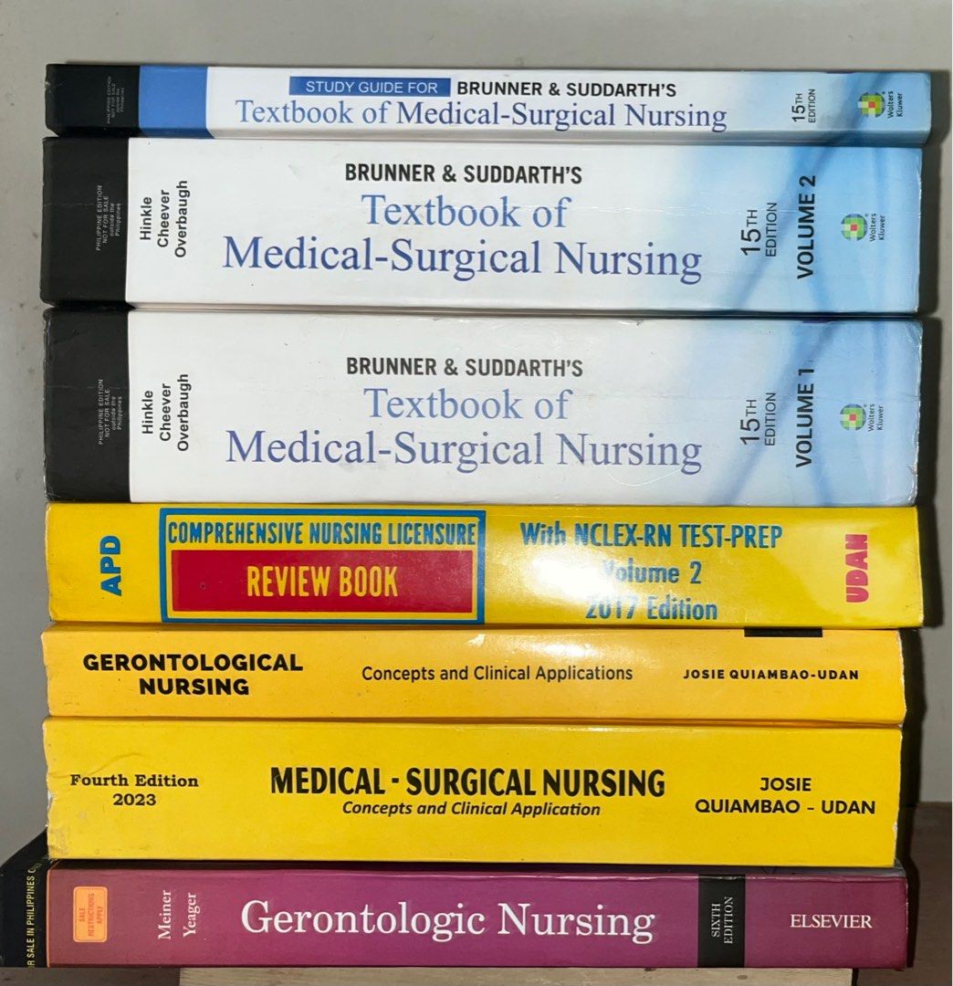 Nursing books / Brunner / Medsurg (Category: Textbooks) located in Manila. Submitted by baechubunny (Listing ID 1353032834, Image 1). Description: Brunner & Suddarth 15th edition vol 1-2 (barely used) 2500 (NEGOTIABLE!!!) - SOLD Brunner and Suddarth Study Guide 400- SOLD Comprehensive Nursing Licensure Book 2017 Udan (slightly used) - 400 Medical-surgical Nursing Udan (Barely used) - 1000 (SOLD) Gerontologic Nursing by Meiner & Yeager (barely use