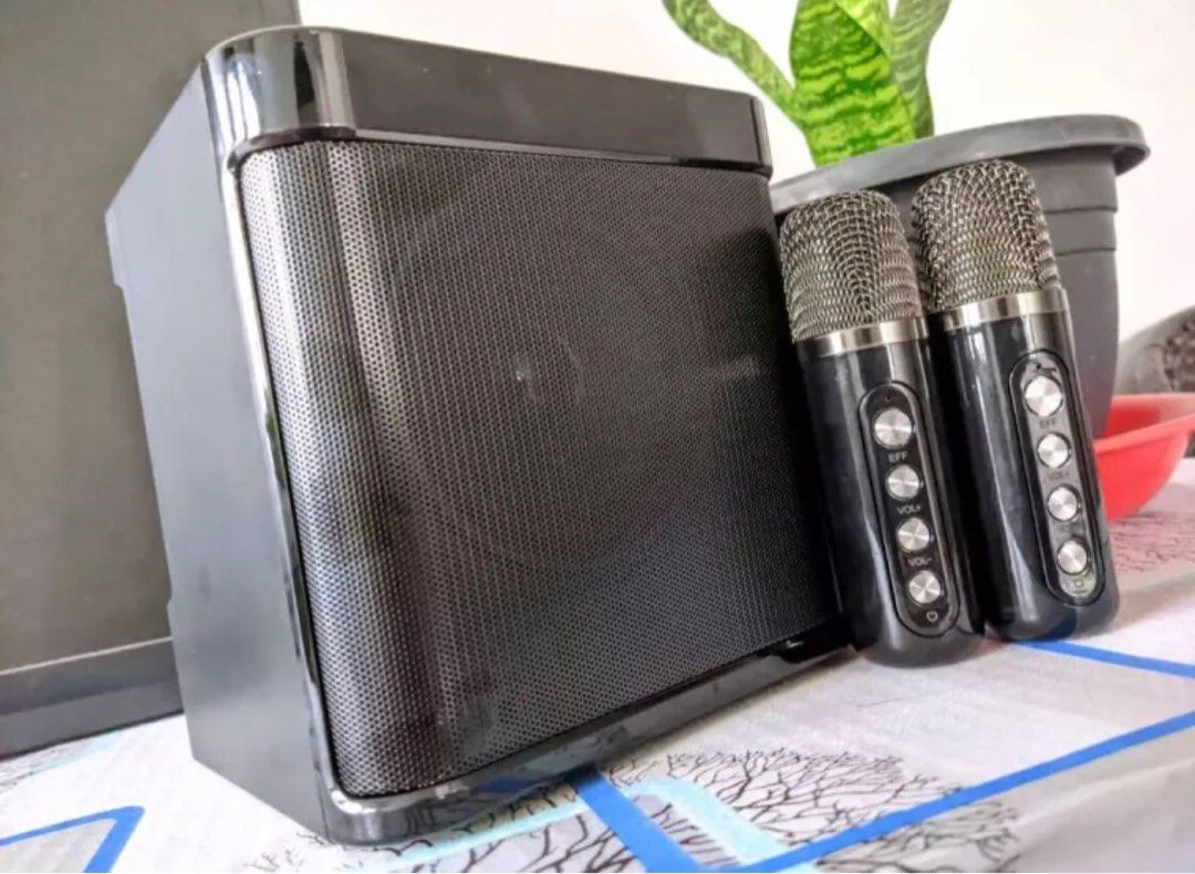 Portable Bluetooth Speaker w/ 2 rechargeable microphones (Category: Soundbars, Speakers & Amplifiers) located in Marilao. Submitted by car_ouseller1234 (Listing ID 1353162993, Image 2). Description: Onhand‼️ PM na lang sa interesado Brand New Portable Bluetooth Speaker with rechargeable microphones Ready for pick up Cash on delivery (lalamove).