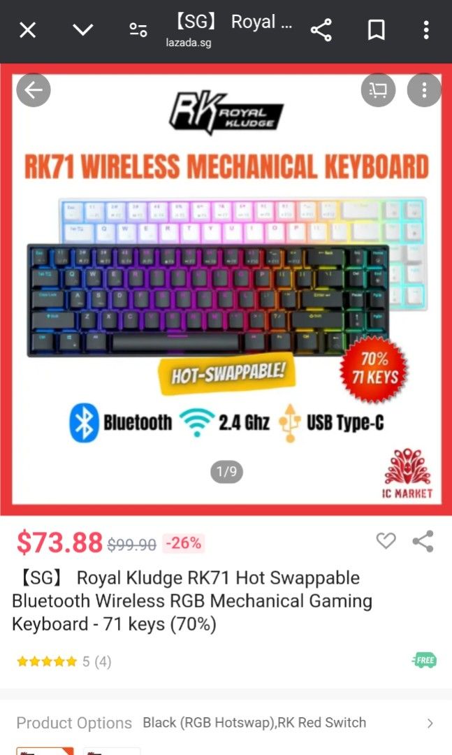 Royal Kludge RK71 Hot Swappable Bluetooth Wireless RGB Mechanical ...
