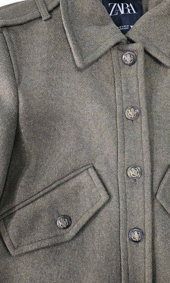 Zara Cropped Wool Blend Jacket (Category: Coats, Jackets and Outerwear) located in Paranaque City. Submitted by shopextraph (Listing ID 1353162743, Image 3). Description: [Unused] Original Price: P4,995 Zara Cropped Wool Blend Jacket Color: Army Green Size: Small No other inclusions. All photos taken by the seller (except for last, from mango).
