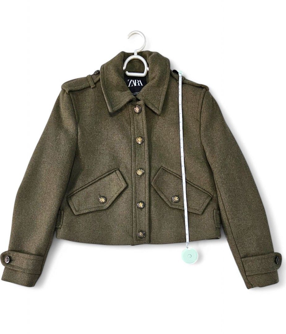 Zara Cropped Wool Blend Jacket (Category: Coats, Jackets and Outerwear) located in Paranaque City. Submitted by shopextraph (Listing ID 1353162743, Image 1). Description: [Unused] Original Price: P4,995 Zara Cropped Wool Blend Jacket Color: Army Green Size: Small No other inclusions. All photos taken by the seller (except for last, from mango).
