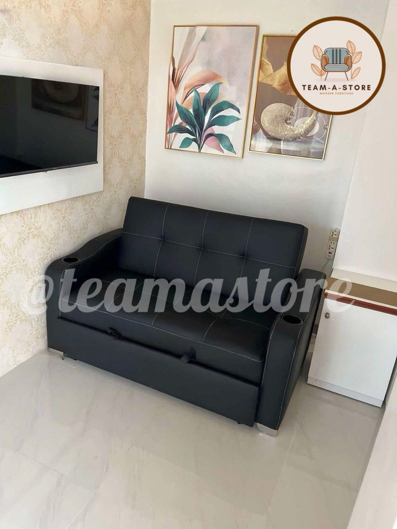 2 seater sofa bed pullout mechanism uratex foam (Category: Sofas) located in Manila. Submitted by teamastore (Listing ID 1353341087, Image 1). Description: 2 seater sofa bed Pullout mechanism Uratex foam Leather black On hand Cod.