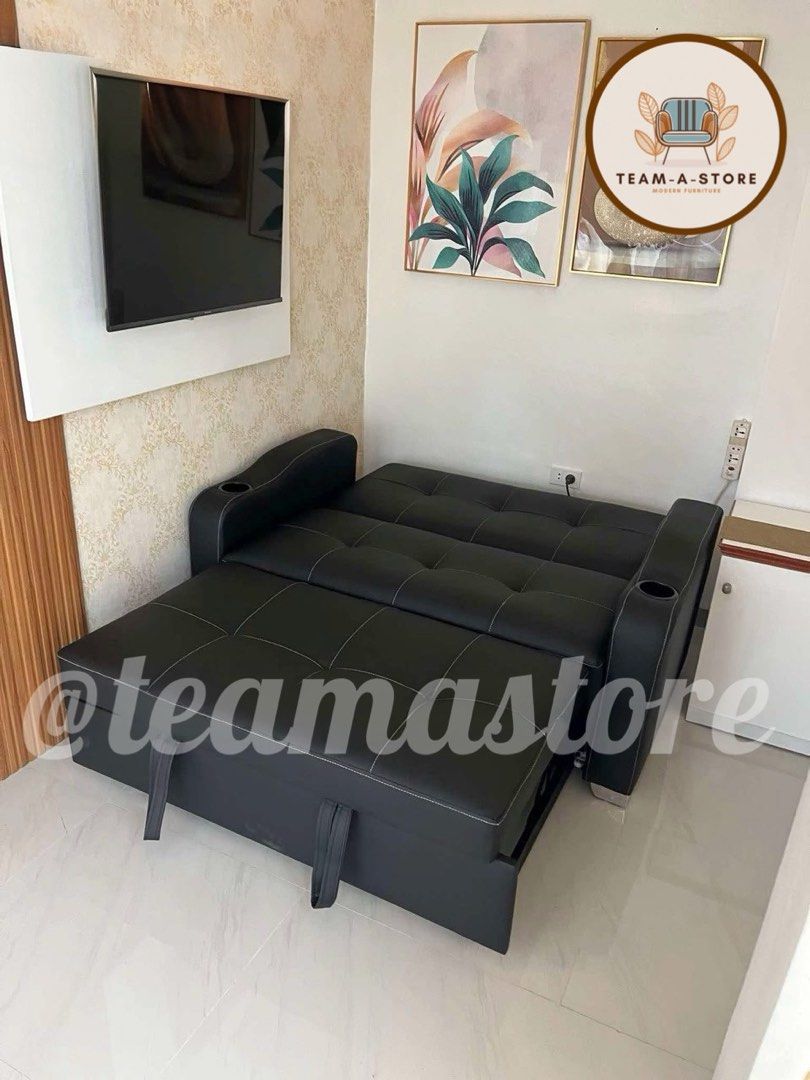 2 seater sofa bed pullout mechanism uratex foam (Category: Sofas) located in Manila. Submitted by teamastore (Listing ID 1353341087, Image 2). Description: 2 seater sofa bed Pullout mechanism Uratex foam Leather black On hand Cod.