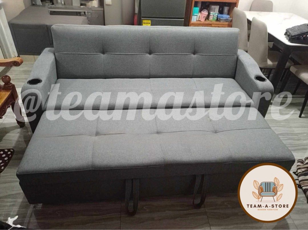 3 seater sofa with pullout bed / Sofa bed pullout mechanism uratex (Category: Sofas) located in Manila. Submitted by teamastore (Listing ID 1353343112, Image 2). Description: 3 seater sofa with pullout bed Sofa bed with pullout mechanism Uratex Fabric grey On hand Cod.