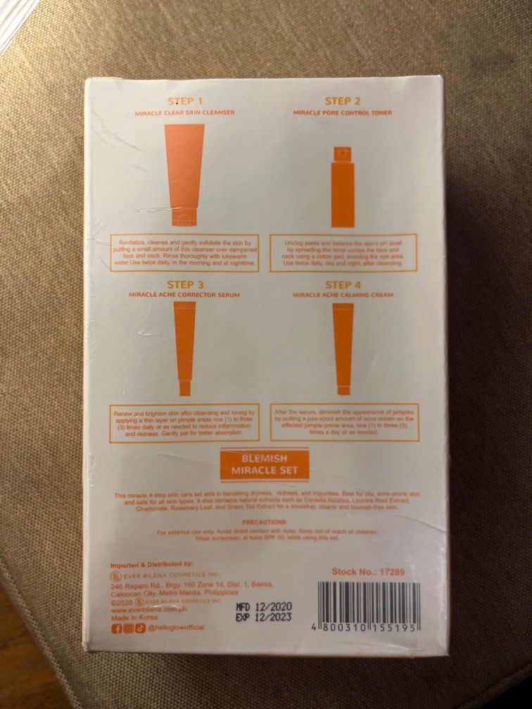 Hello Glow Blemish Miracle Set (Category: Face Care) located in Quezon City. Submitted by antonrn (Listing ID 1353390693, Image 2). Description: Contains: - Miracle clear skin cleaner - Miracle Pore Control Toner - Miracle Acne Corrector Serum - Miracle Acne Calming Cream From a Korean brand. Never opened. .