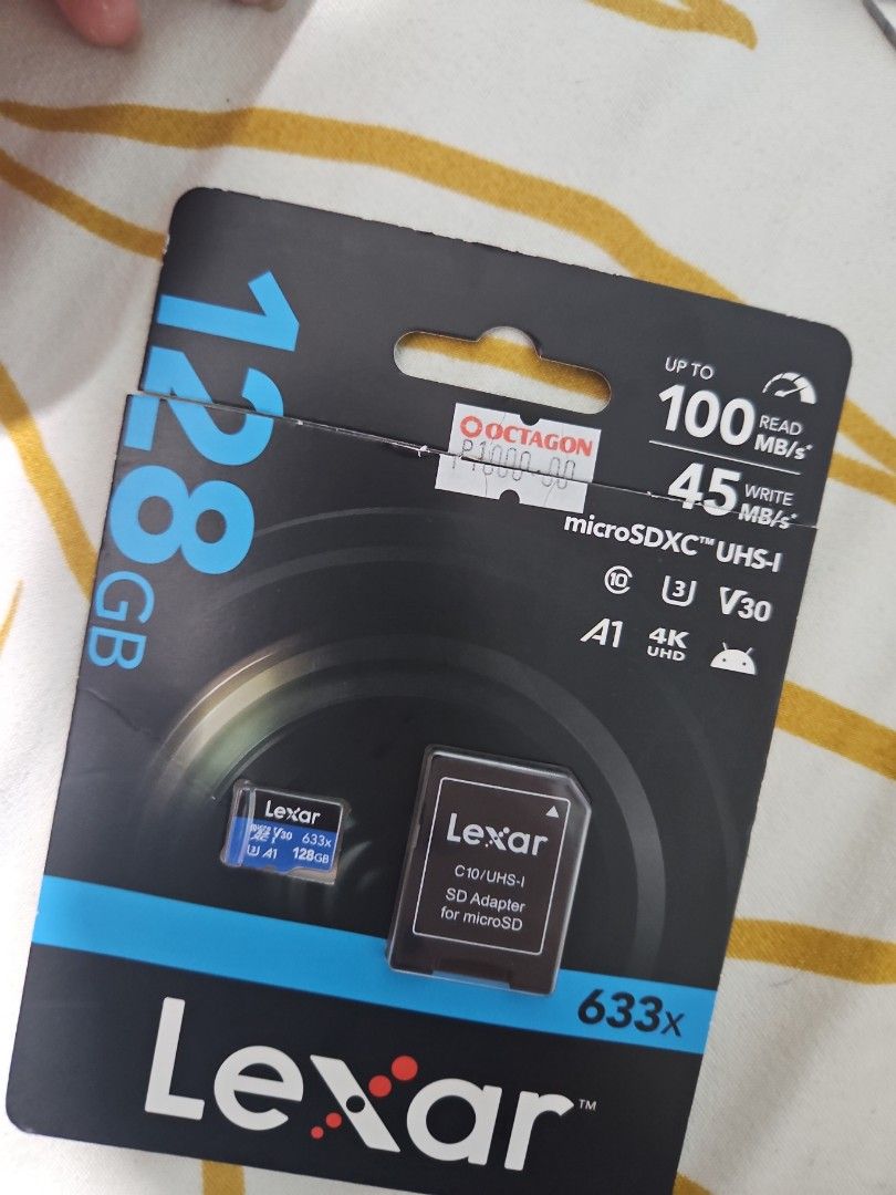Lexar 128 GB micro SD card (Category: Memory & SD Cards) located in Manila. Submitted by elliaaa_ (Listing ID 1353367043, Image 1). Description: Brand new 128 GB micro SD with Adapter opened only, never used Original Price: Php 1,000 RFS: phone has no SD card slot.