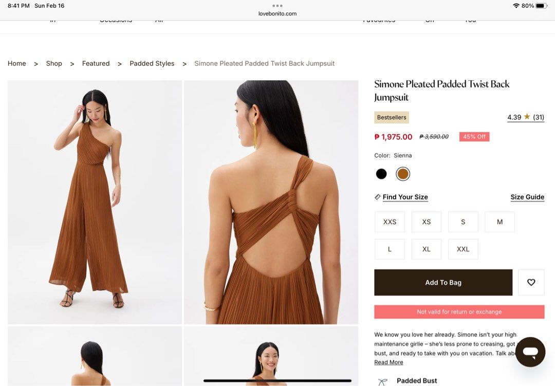 Love Bonito Twist Back Jumpsuit (Category: Evening dresses & gowns) located in Dumaguete. Submitted by kj_dmd (Listing ID 1353347003, Image 2). Description: Bought it here in carousell as brand new. Rfs: too tight on my waist area. Still in good condition with tag. No flaws, fitted only. Its padded and crease-ease. Very nice actually 🥹.