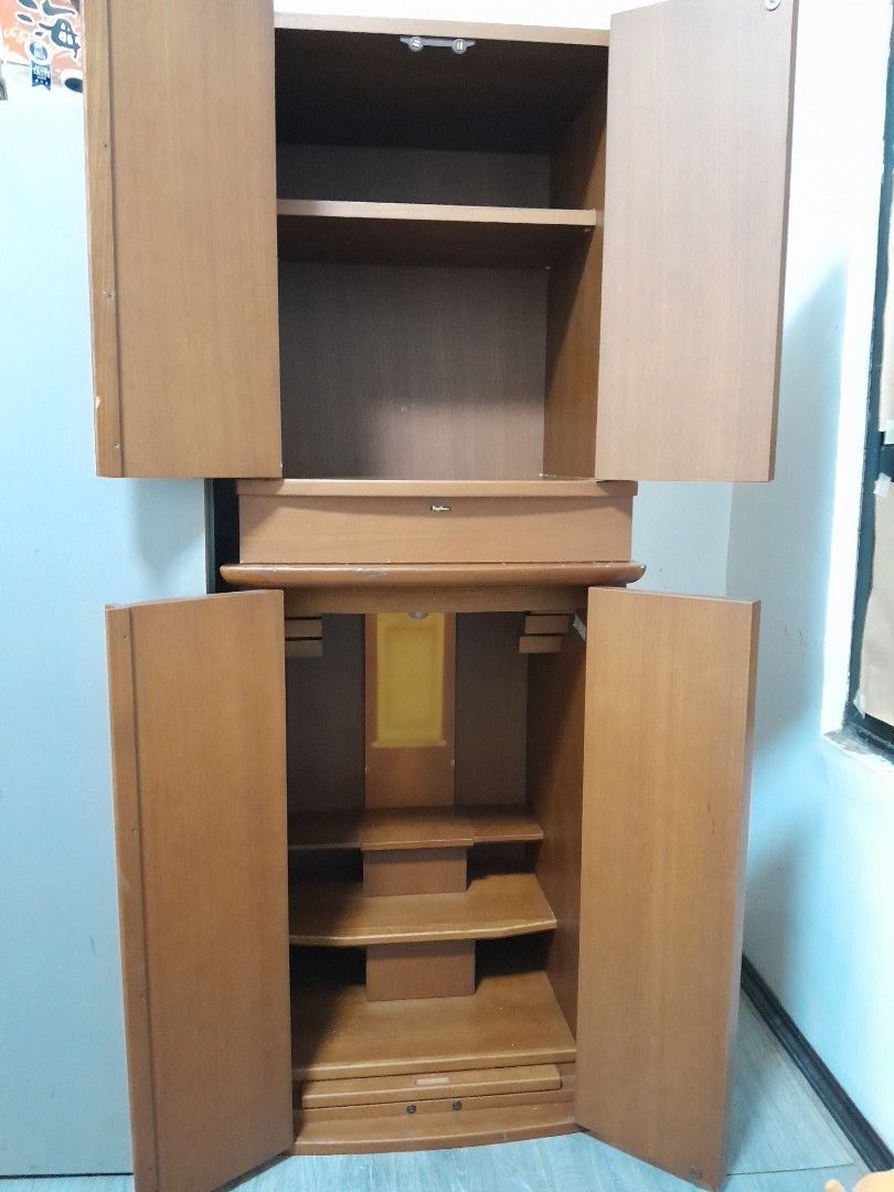 Solid wood Cabinet from Korean Surplus (Category: Shelves, Cabinets & Racks) located in Baguio. Submitted by pheeebees (Listing ID 1353217772, Image 2). Description: Solid wood cabinet as is - bought from Korean Surplus - pwede pagkaibahin yung placement ng top and bottom cabinet - with light bulb po yung isa. not tested. not guaranteed to work. - pwede lagyan ng anik anik / cosmetics - rfs: need space sa room.